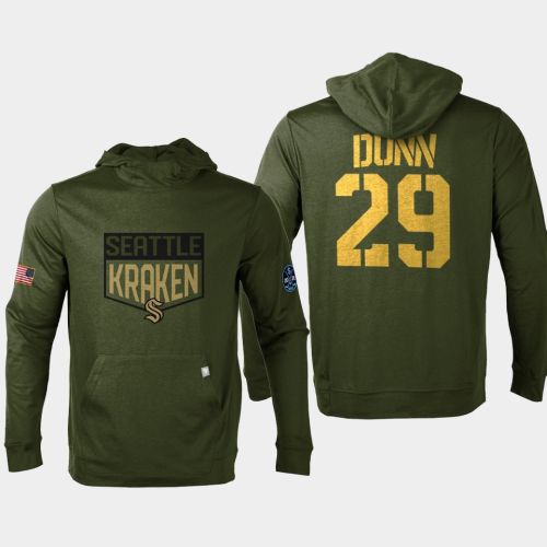 Seattle Kraken 29 Vince Dunn 2022 Salute to Service Olive Pullover Hoodie