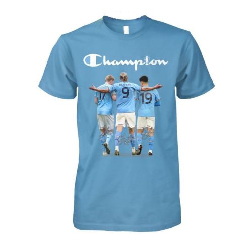 Manchester City Haaland Bruyne Alvarez 2023 Champions T-Shirt - Light Blue